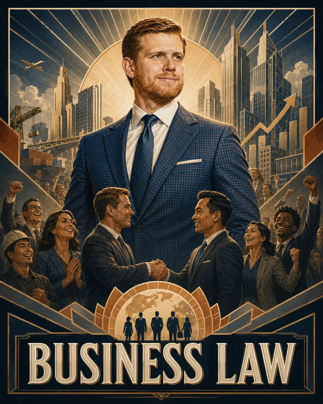 Illustration of an attorney with business owners, a city skyline, and a growth chart for business law
