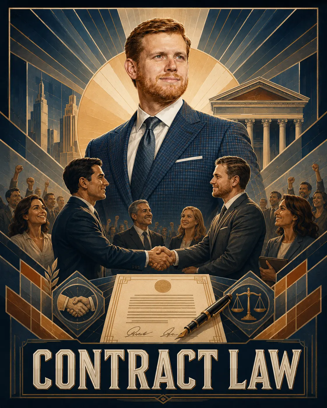 Illustration of an attorney with businesspeople, a signed agreement, and a pen for contract law