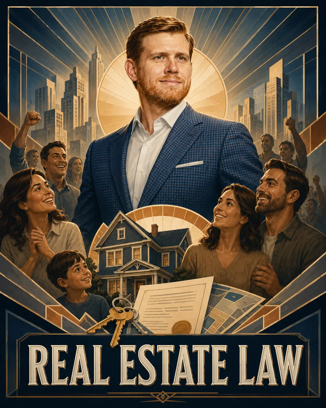 Illustration of an attorney with homeowners, a house, keys, and a deed for real estate law